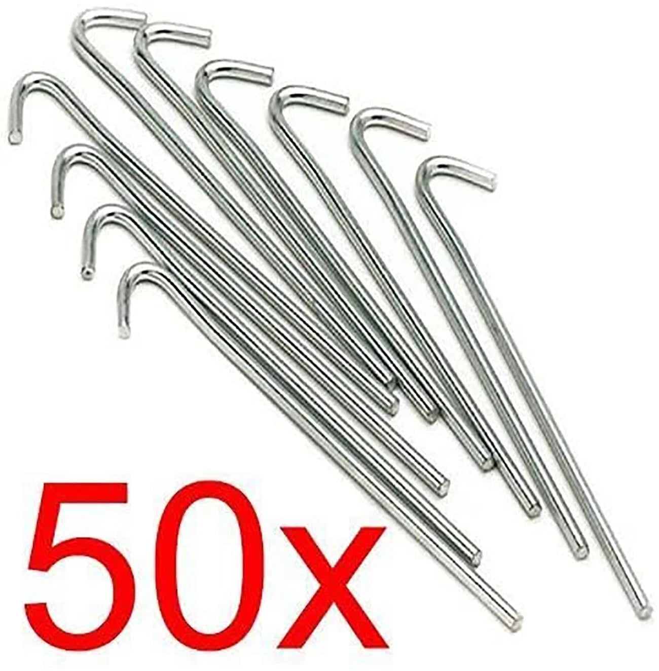 A bundle of fifty silver galvanised steel J-hook tent pegs arranged neatly on a patch of short green grass next to a set up camping tent.
