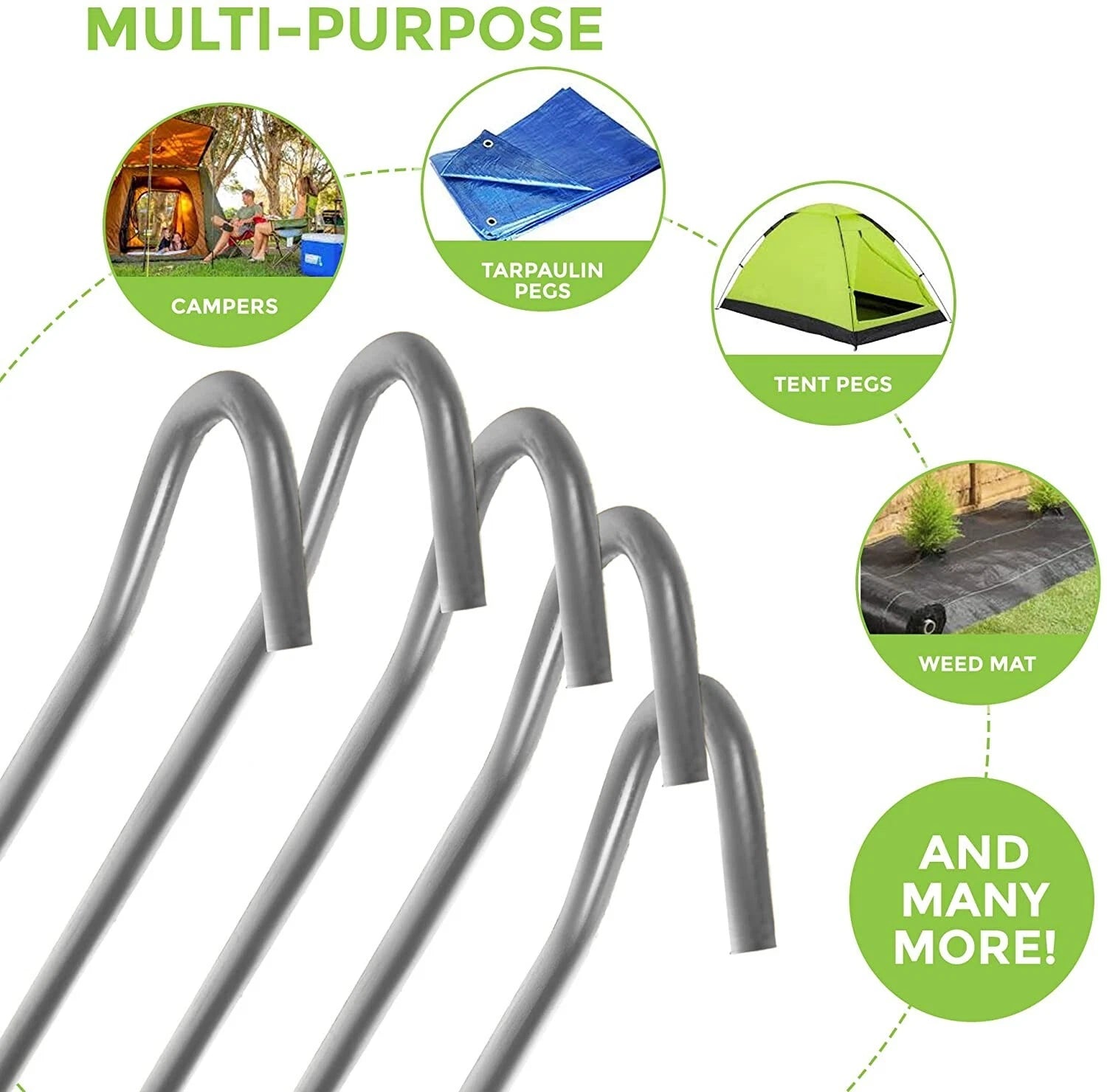 A bundle of fifty silver galvanised steel J-hook tent pegs arranged neatly on a patch of short green grass next to a set up camping tent.