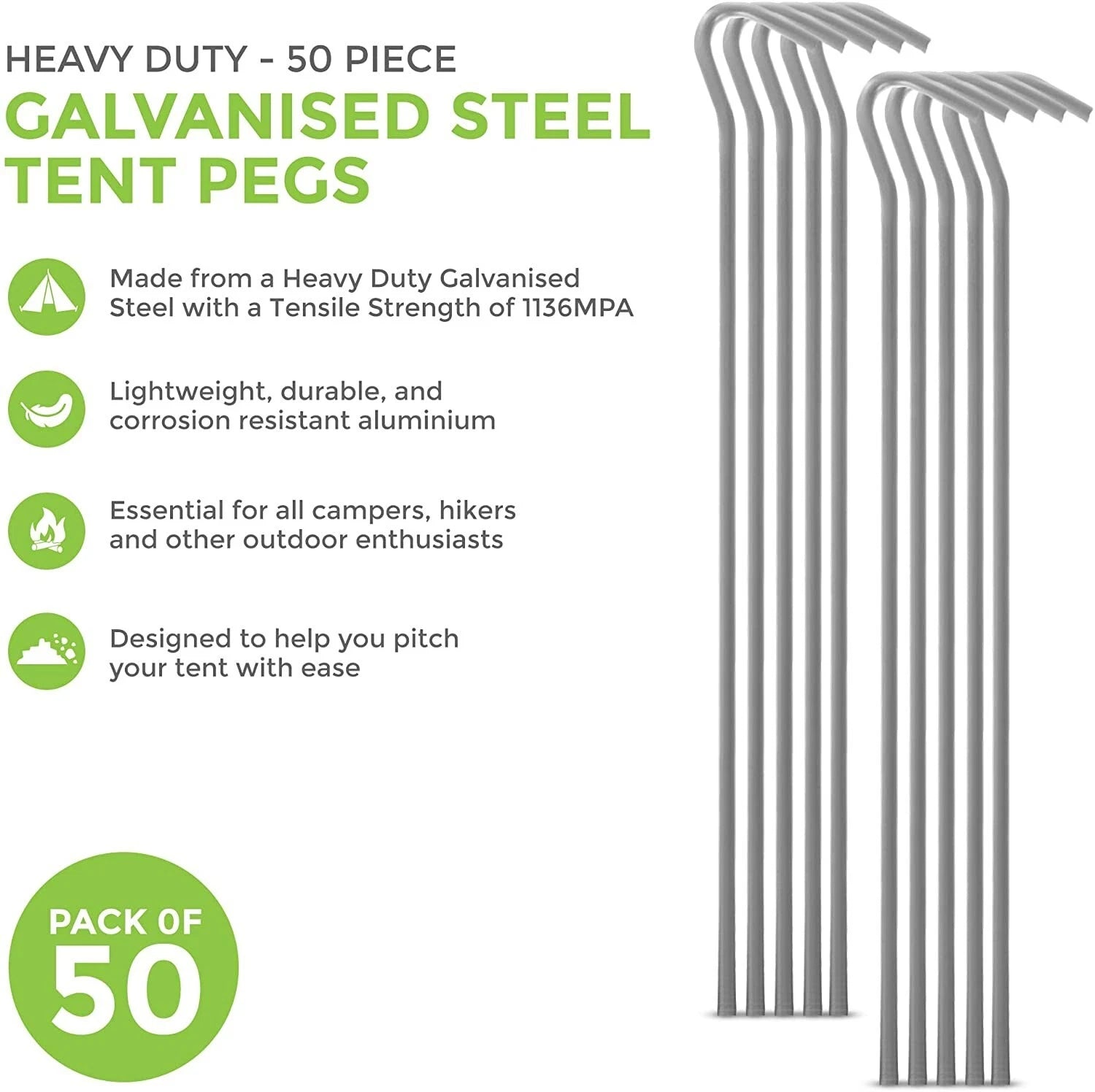 A bundle of fifty silver galvanised steel J-hook tent pegs arranged neatly on a patch of short green grass next to a set up camping tent.