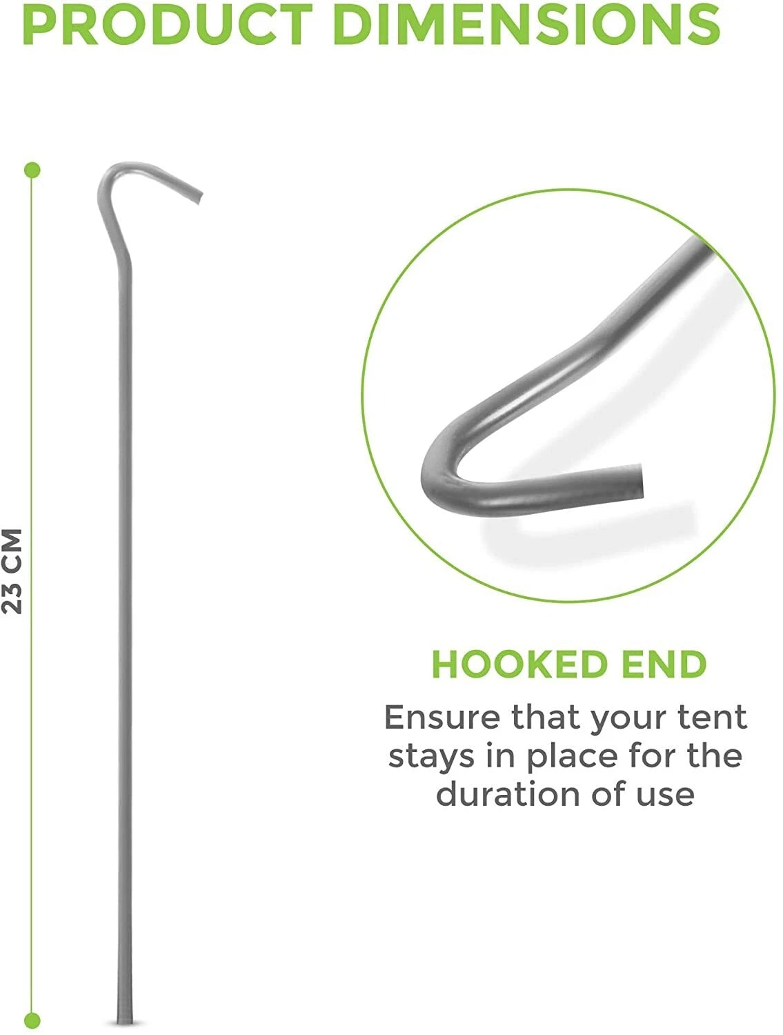 A bundle of fifty silver galvanised steel J-hook tent pegs arranged neatly on a patch of short green grass next to a set up camping tent.