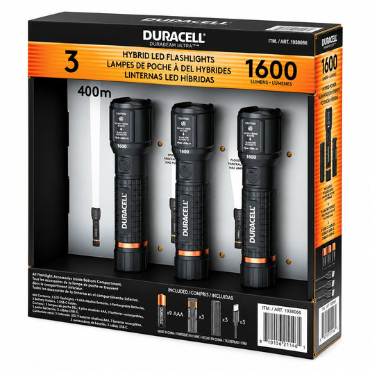 Duracell 1,600 lumen hybrid rechargeable LED torch, 3 pack