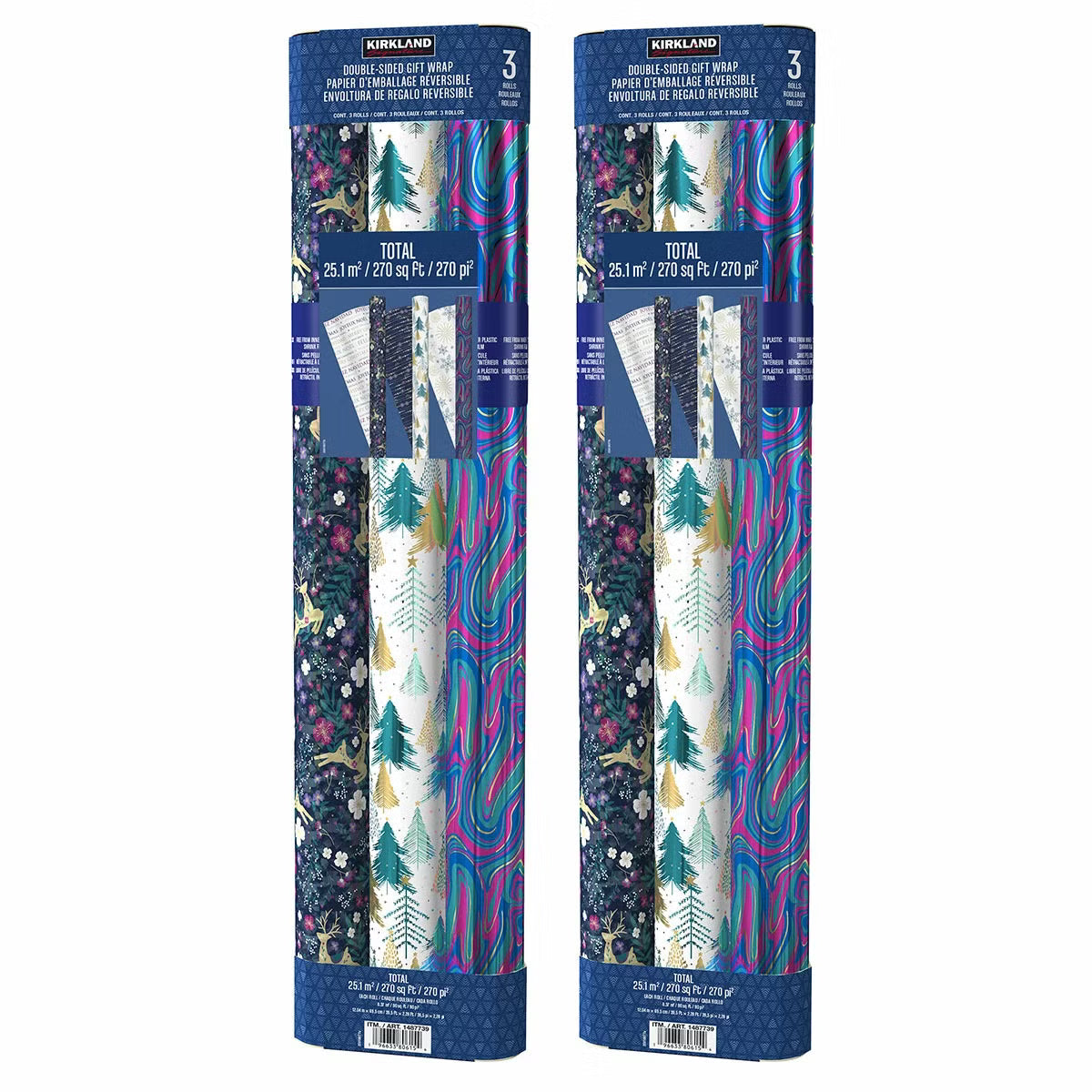 Three rolls of rich opulent Christmas wrapping paper with deep red, gold, and jewel-toned patterns sitting beside wrapped presents on a velvet mantelpiece.