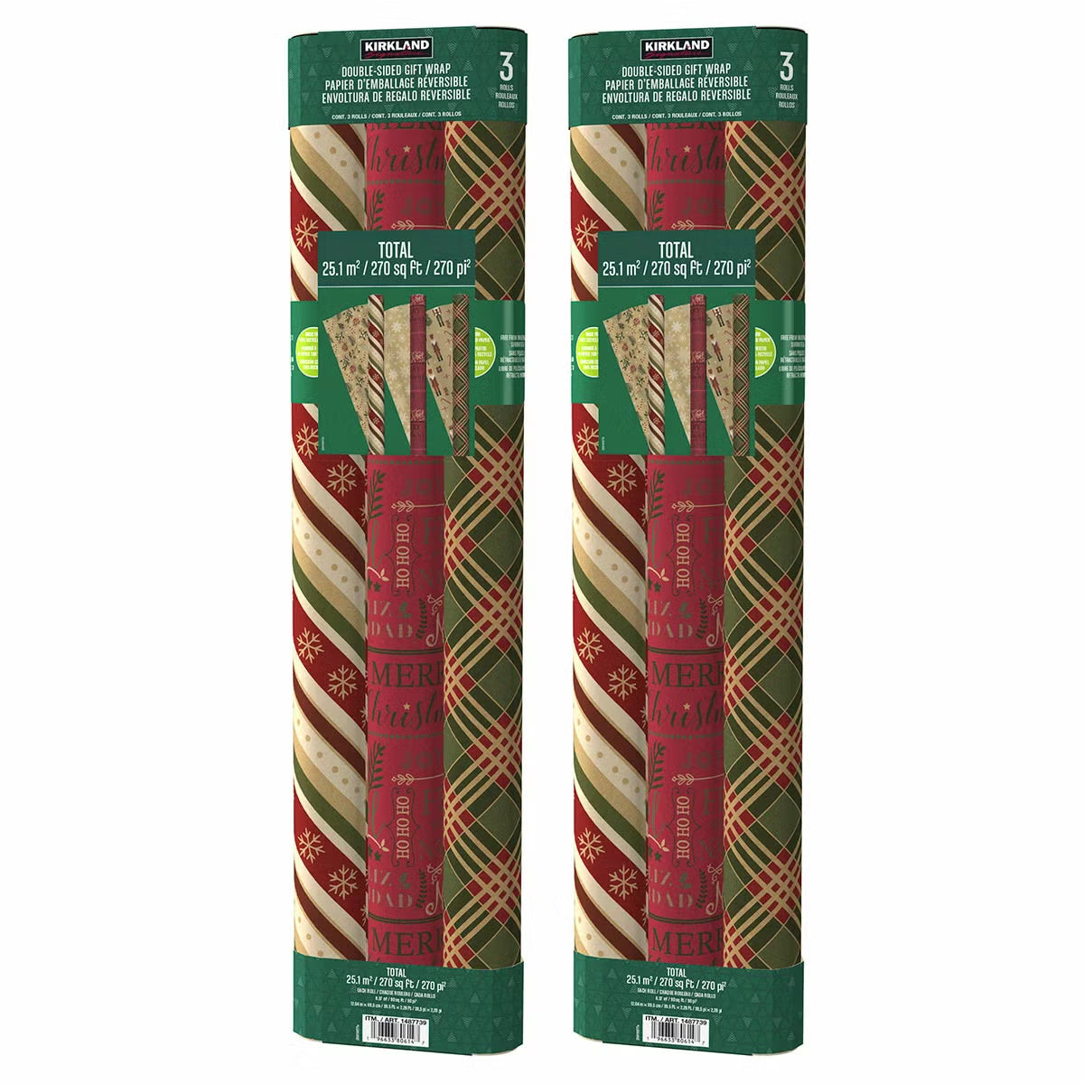 Three rolls of traditional kraft Christmas wrapping paper featuring classic red and green festive motifs arranged alongside tied parcels on a cozy fireside rug.
