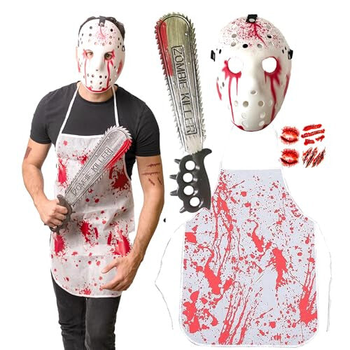 : Front view of the 5-piece bloody serial killer costume kit featuring a horror mask, blood-stained apron, prop saw, and temporary tattoo sheets laid flat on a neutral background.