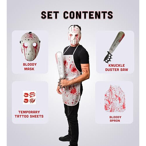 : Front view of the 5-piece bloody serial killer costume kit featuring a horror mask, blood-stained apron, prop saw, and temporary tattoo sheets laid flat on a neutral background.