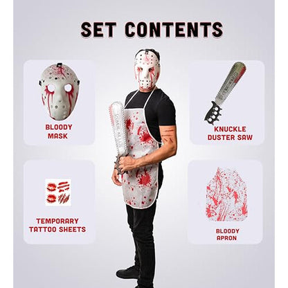 : Front view of the 5-piece bloody serial killer costume kit featuring a horror mask, blood-stained apron, prop saw, and temporary tattoo sheets laid flat on a neutral background.