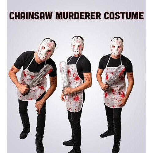 : Front view of the 5-piece bloody serial killer costume kit featuring a horror mask, blood-stained apron, prop saw, and temporary tattoo sheets laid flat on a neutral background.