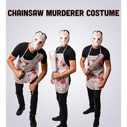: Front view of the 5-piece bloody serial killer costume kit featuring a horror mask, blood-stained apron, prop saw, and temporary tattoo sheets laid flat on a neutral background.