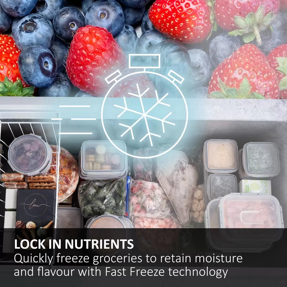 Haier HCE519EK 504L white chest freezer with large capacity frozen food storage and E-rated energy efficiency .