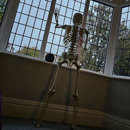 Full-length front view of a 5ft distressed white LED skeleton decoration with glowing red eyes, posed against a dark backdrop.