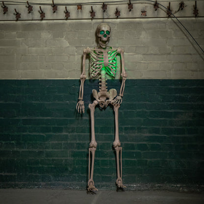 Life sized 5ft poseable Halloween skeleton prop with glowing green LED eyes and ribs standing on a covered dark wooden porch