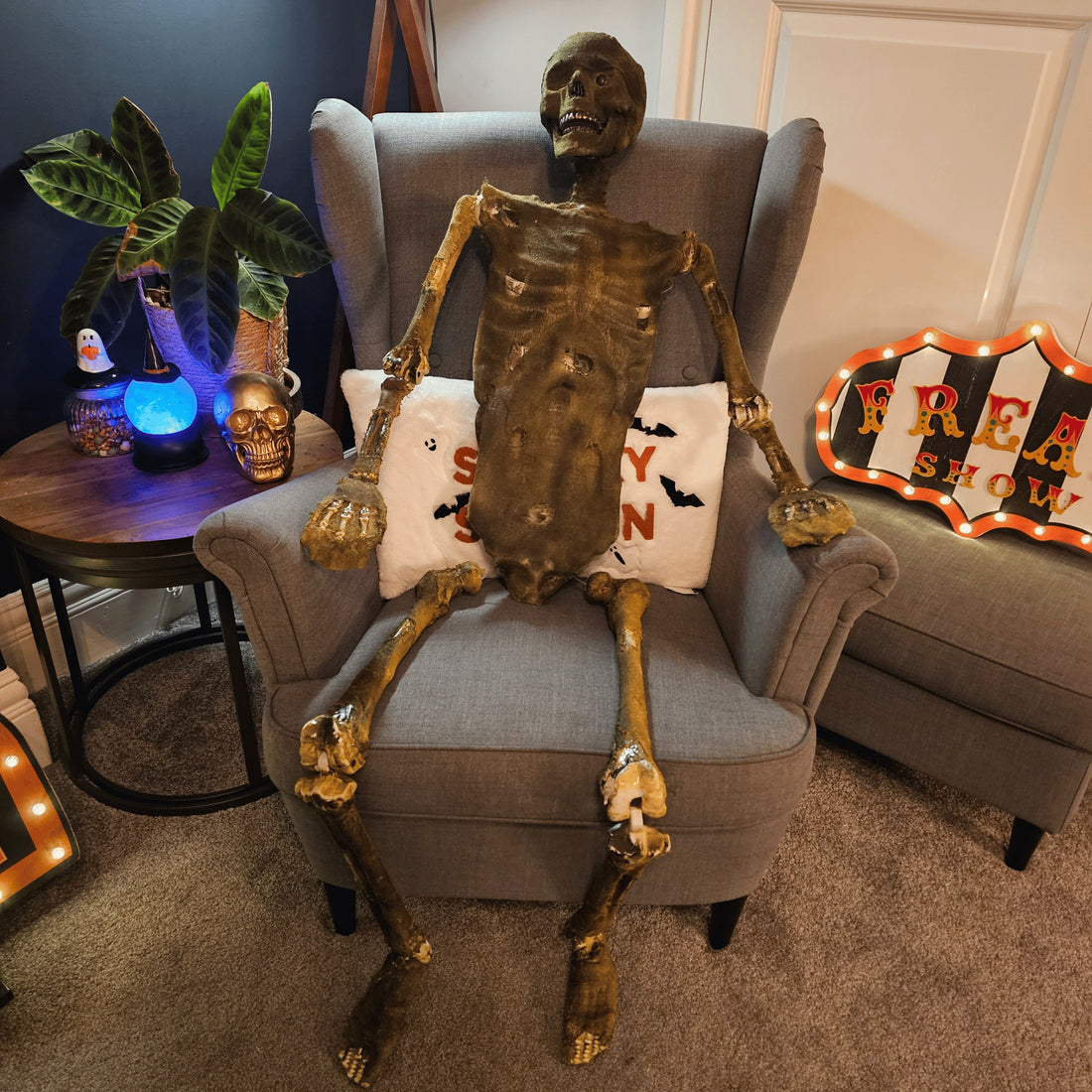 Front view of a 5ft tall brown mummified skeleton prop with posable joints and a distressed finish hanging against a dark background.