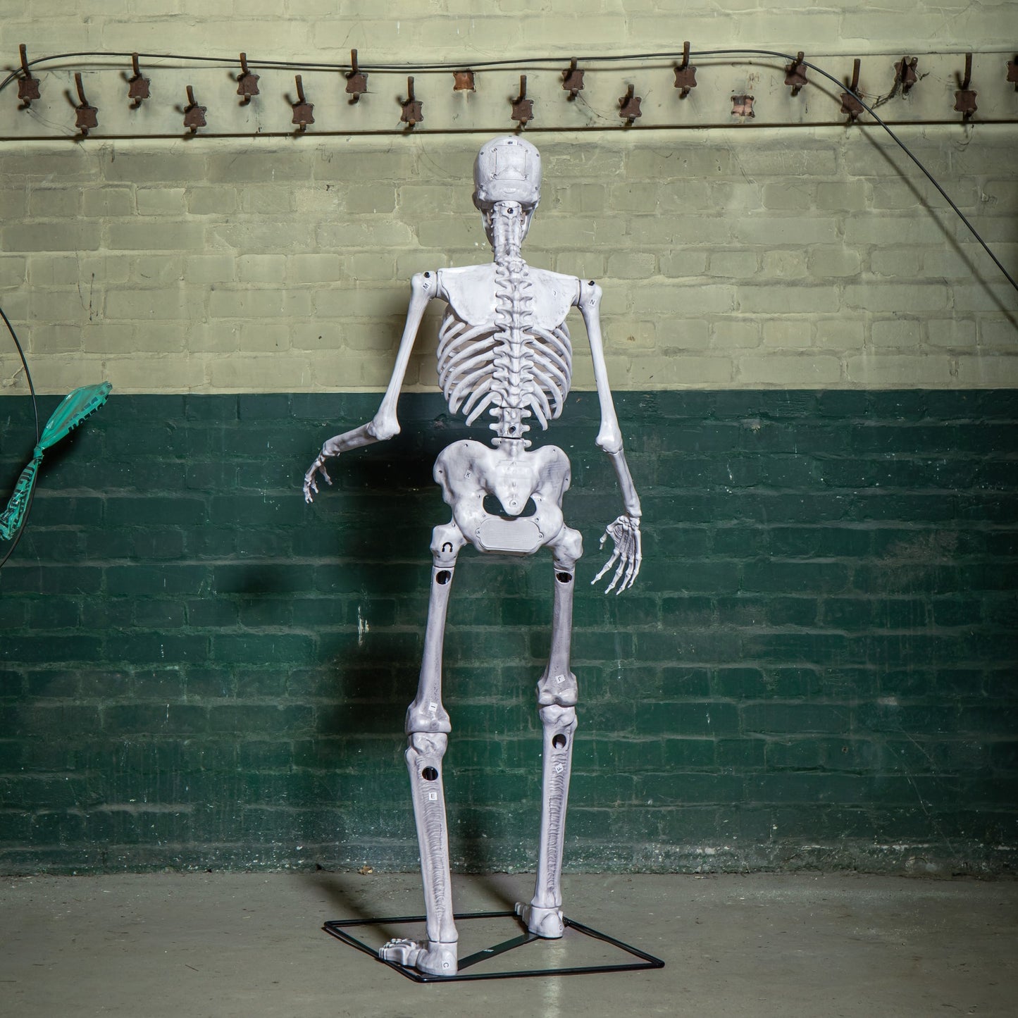 Front view of a grey 5ft full body Halloween skeleton with glowing red LED eyes standing upright on a black metal base on a porch.