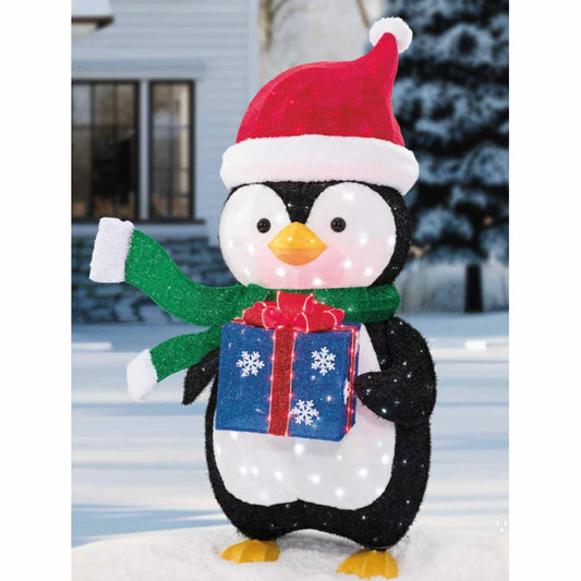 Standing 5ft Christmas penguin lawn decoration wearing hat and scarf holding a lit gift box, illuminated with 320 white LED lights.