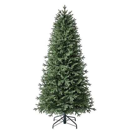 A 6.5ft pre-lit Aspen artificial Christmas tree featuring dense pine tips and glowing colour changing micro LED lights inside a cozy living room setting.