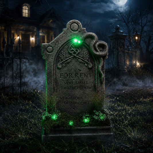 Front view of a 60cm Samuel Alexander grey weathered tombstone prop featuring a green LED glow, sculpted snake, artificial moss base, and 'For Rent' inscription.