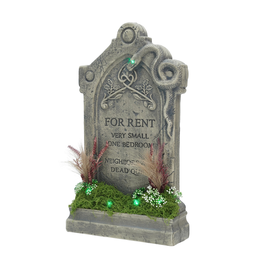 Front view of a 60cm Samuel Alexander grey weathered tombstone prop featuring a green LED glow, sculpted snake, artificial moss base, and 'For Rent' inscription.