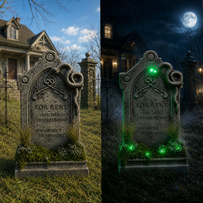 Front view of a 60cm Samuel Alexander grey weathered tombstone prop featuring a green LED glow, sculpted snake, artificial moss base, and 'For Rent' inscription.