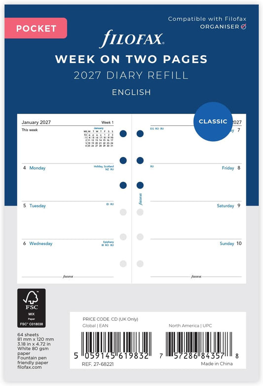 Filofax Pocket 2027 week on two pages diary refill – front view