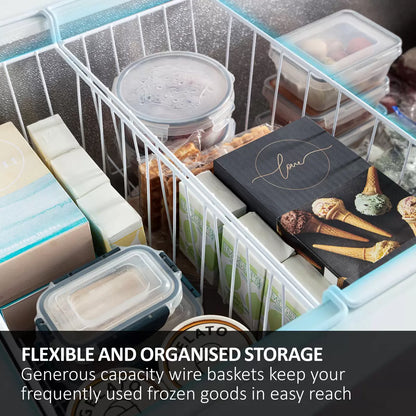 Haier HCE519EK 504L white chest freezer with large capacity frozen food storage and E-rated energy efficiency .