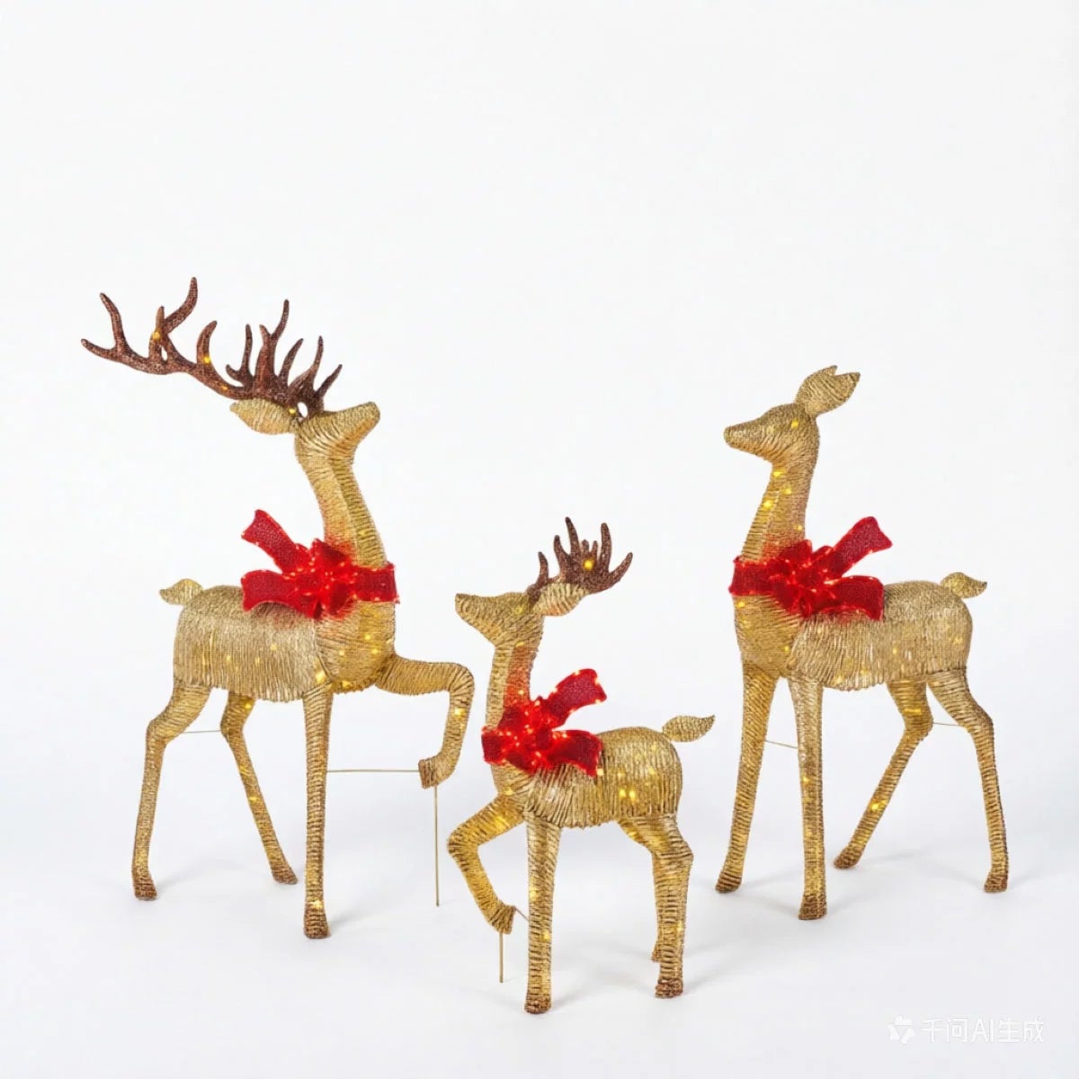 A three-piece gold mesh deer family display lit up with warm white LED lights standing outdoors on a green lawn at night.