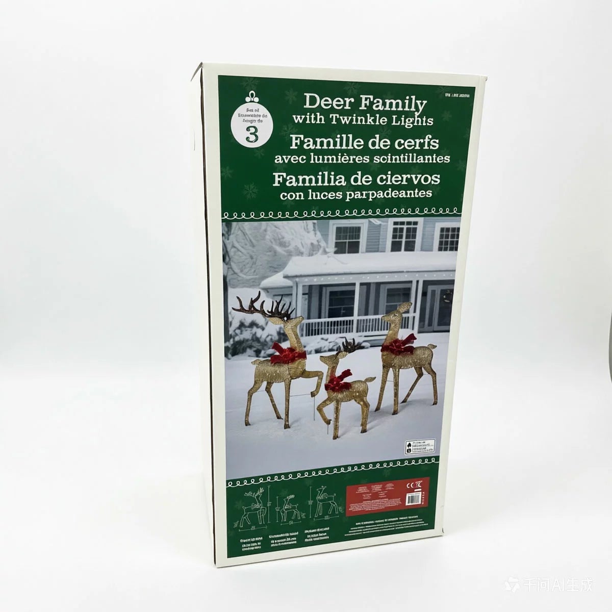 A three-piece gold mesh deer family display lit up with warm white LED lights standing outdoors on a green lawn at night.