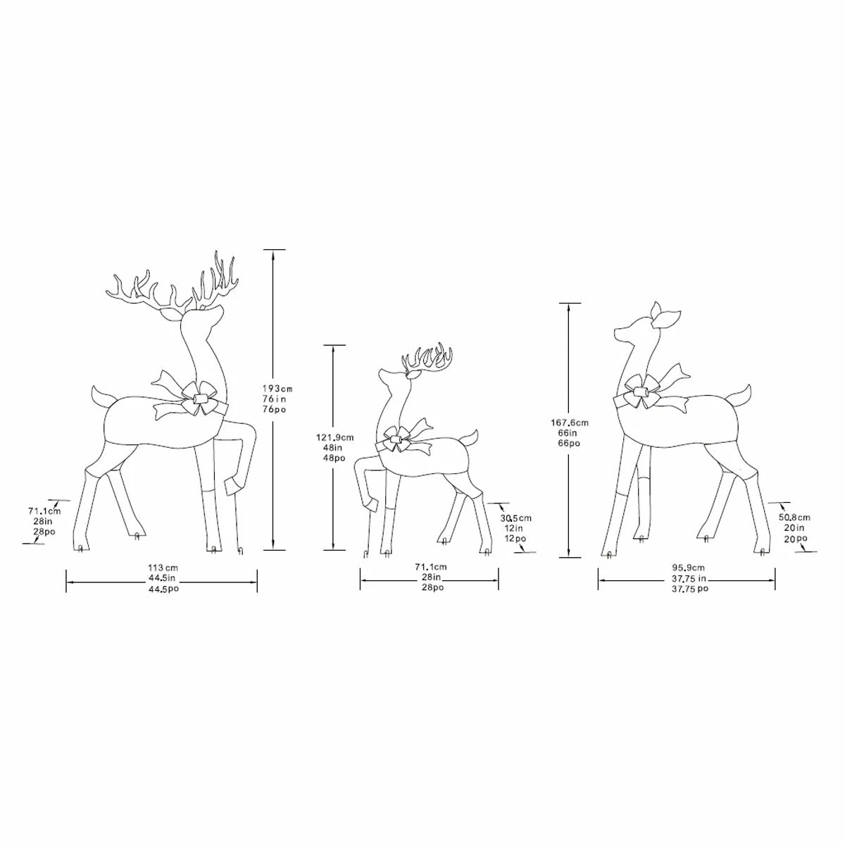 A three-piece gold mesh deer family display lit up with warm white LED lights standing outdoors on a green lawn at night.