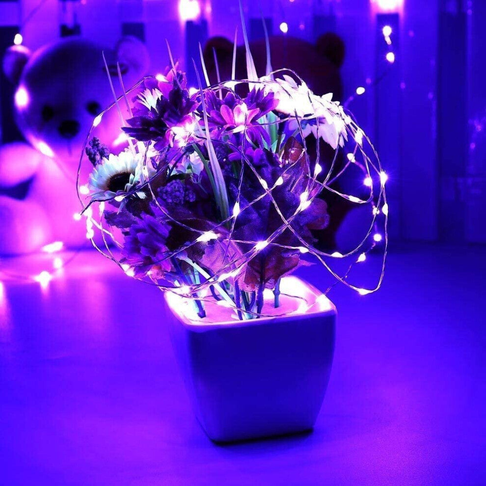 A 72ft string of 200 purple LED solar fairy lights glowing brightly wrapped around an outdoor garden tree at night.