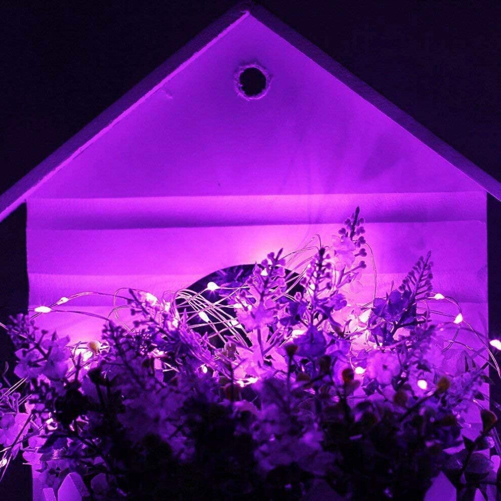 A 72ft string of 200 purple LED solar fairy lights glowing brightly wrapped around an outdoor garden tree at night.