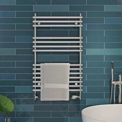 Front view of the contemporary Ultraheat Windsor radiator in a modern tiled bathroom setting, displaying 14 horizontal bars for towel warming.