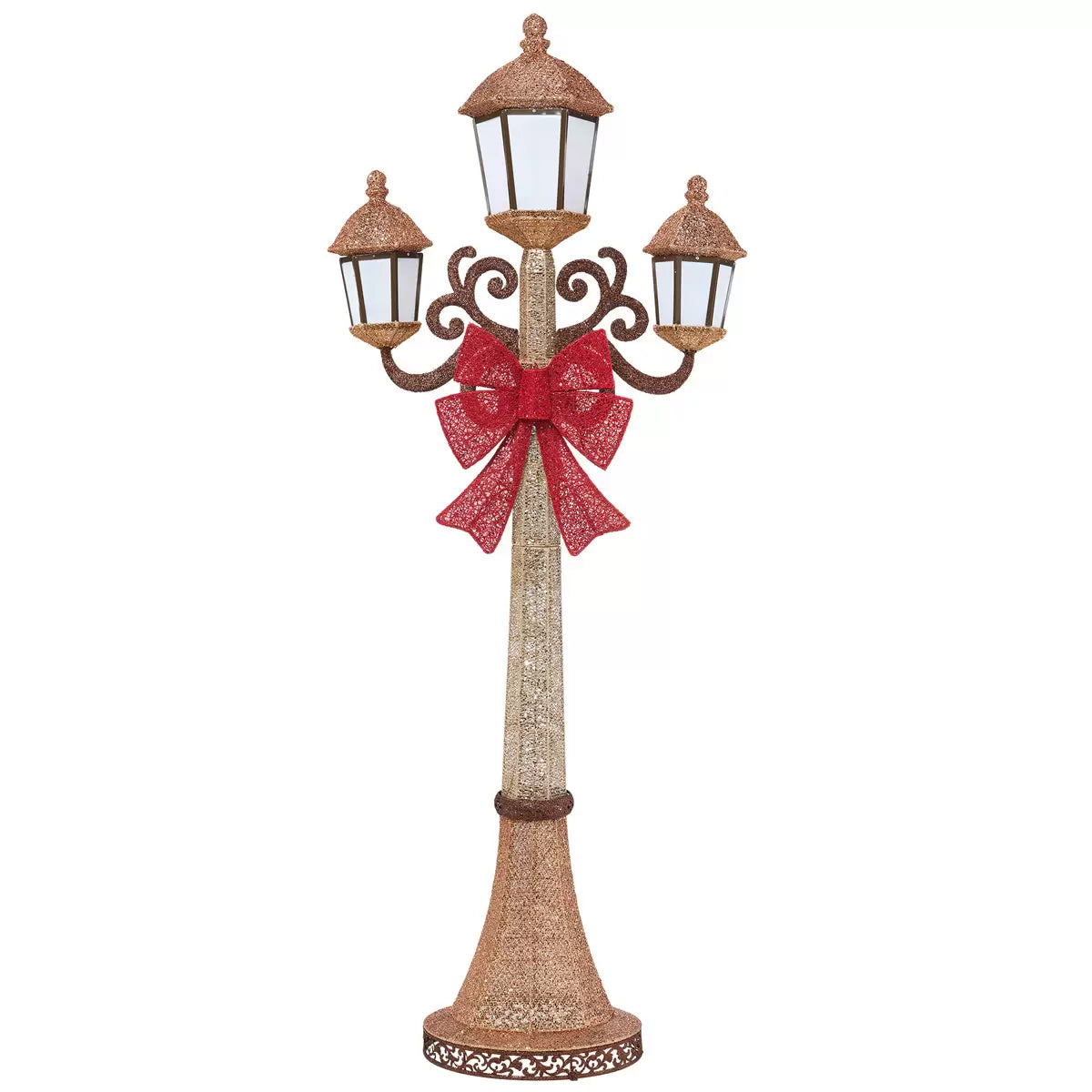 Front view of a black 7ft Puleo Christmas lamp post illuminated with warm white LED lights standing outdoors on a patio at dusk.