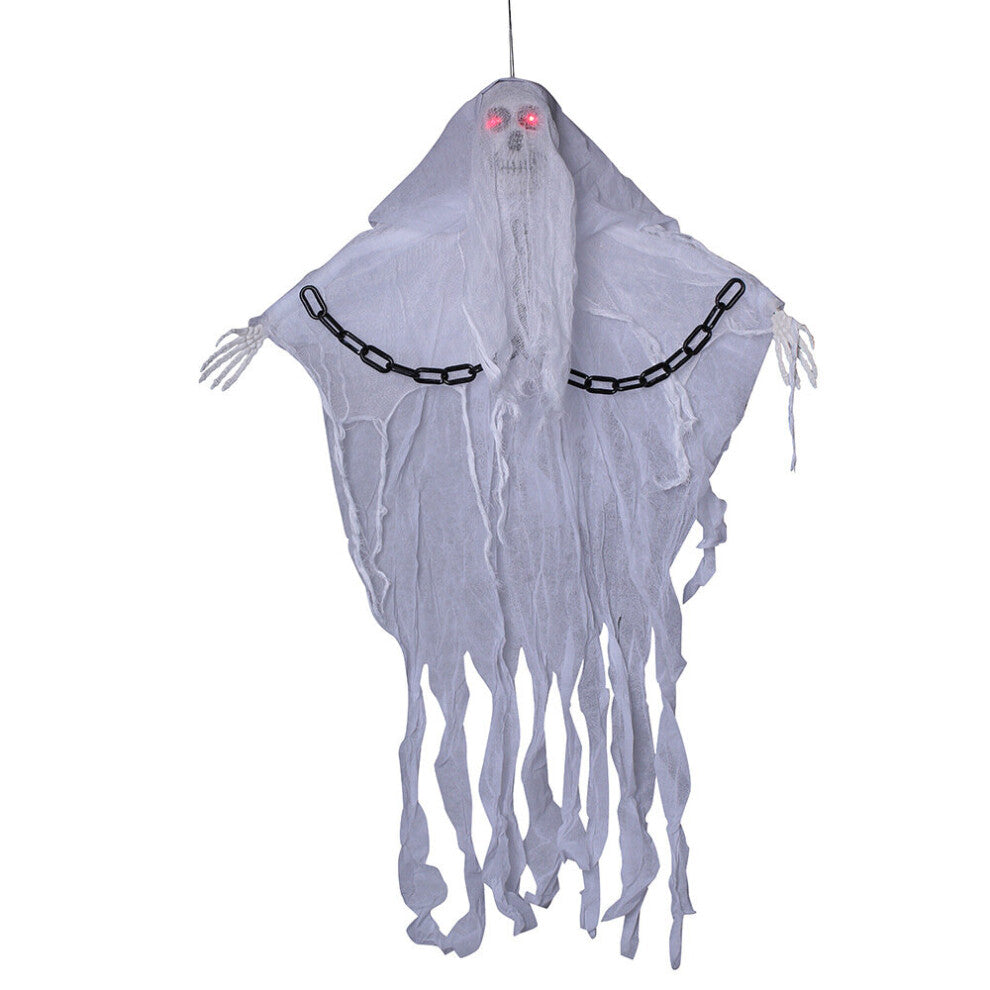 Front view of an 80cm black-draped human skull skeleton prop hanging by a chain with glowing illuminated eyes against a dark backdrop.