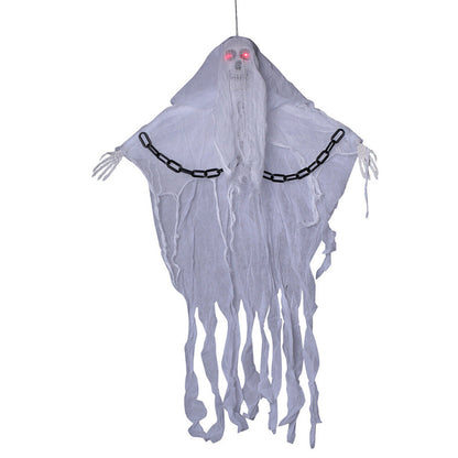 Front view of an 80cm black-draped human skull skeleton prop hanging by a chain with glowing illuminated eyes against a dark backdrop.