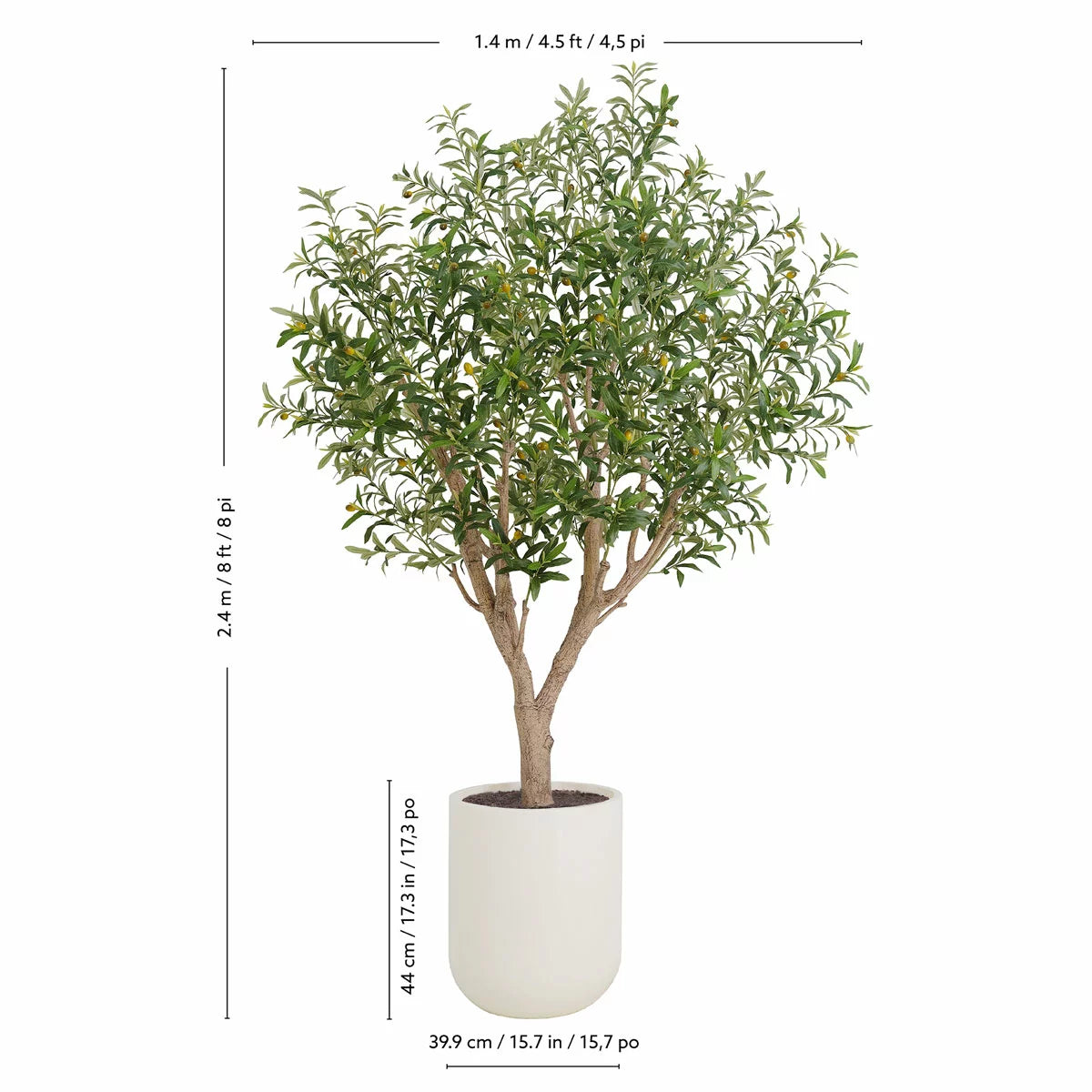 An 8ft artificial olive tree with realistic silvery-green leaves and a hand-painted trunk, potted in a modern white planter and positioned in a sunlit, minimalist living room.