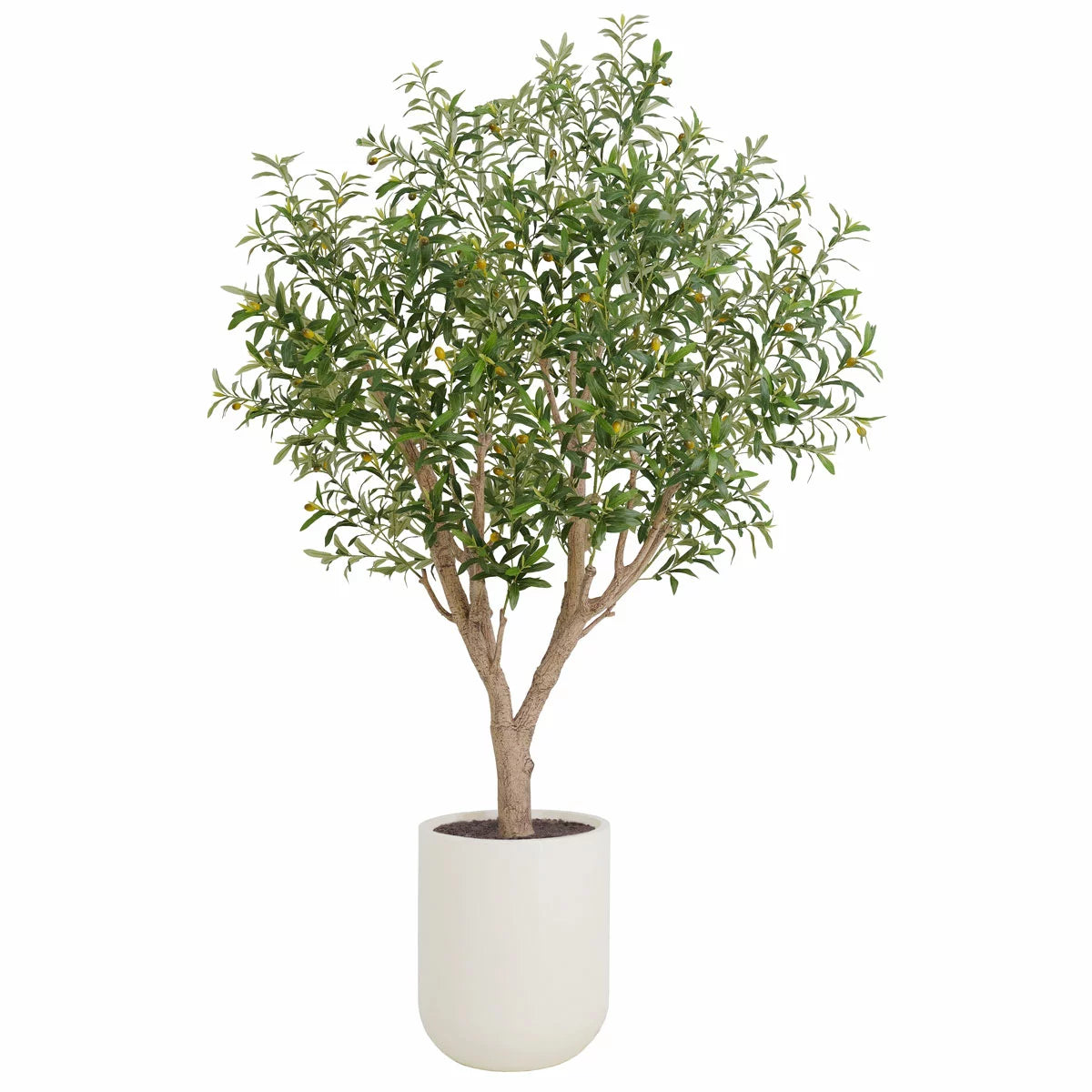 An 8ft artificial olive tree with realistic silvery-green leaves and a hand-painted trunk, potted in a modern white planter and positioned in a sunlit, minimalist living room.