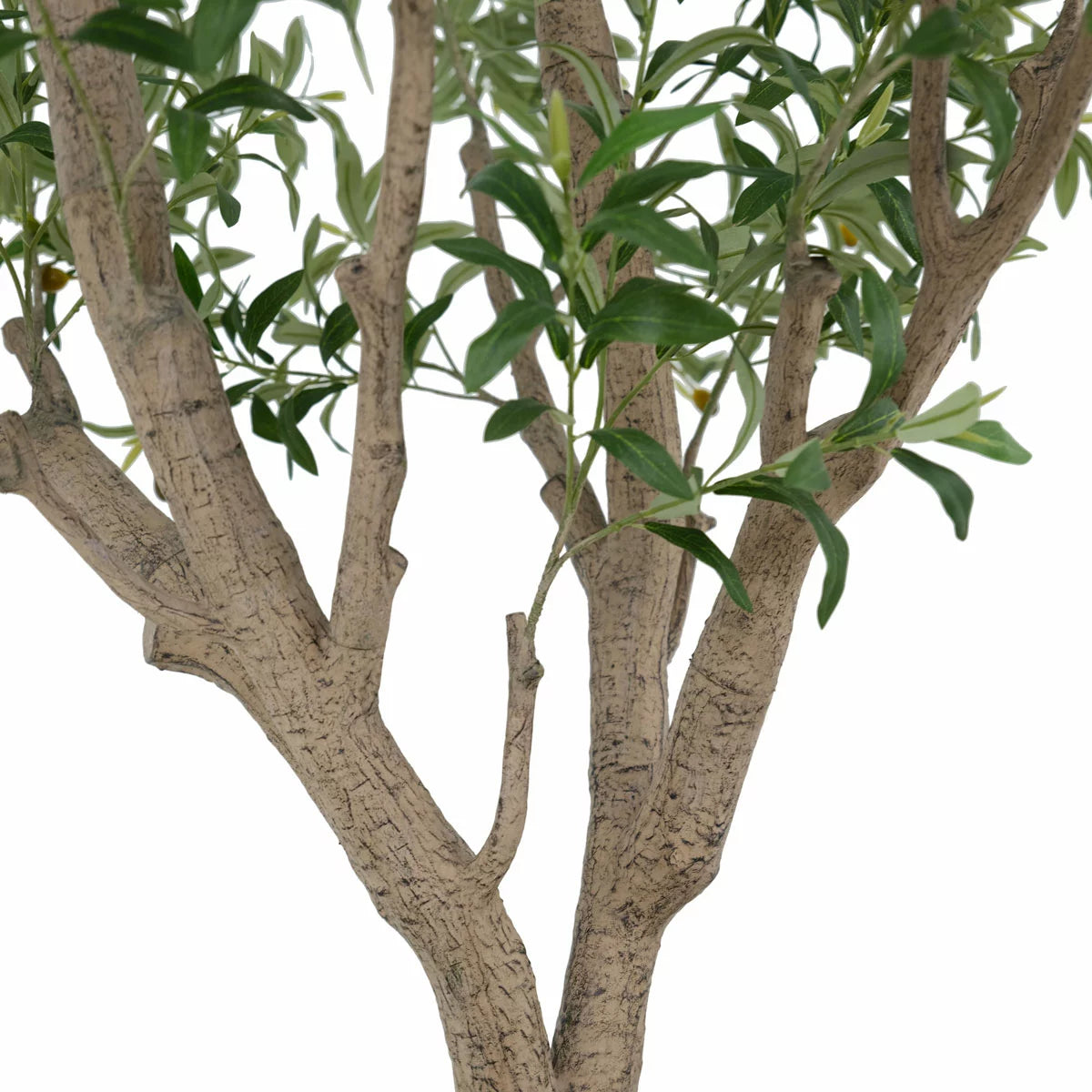 An 8ft artificial olive tree with realistic silvery-green leaves and a hand-painted trunk, potted in a modern white planter and positioned in a sunlit, minimalist living room.
