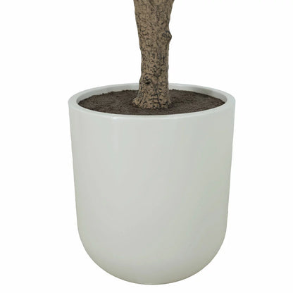 An 8ft artificial olive tree with realistic silvery-green leaves and a hand-painted trunk, potted in a modern white planter and positioned in a sunlit, minimalist living room.