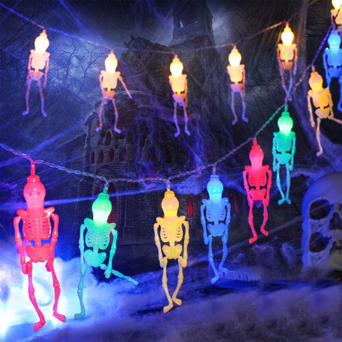 8ft multi-color skeleton string lights featuring 20 glowing red, green, blue, and orange skeleton bulbs hanging against a dark outdoor patio background.