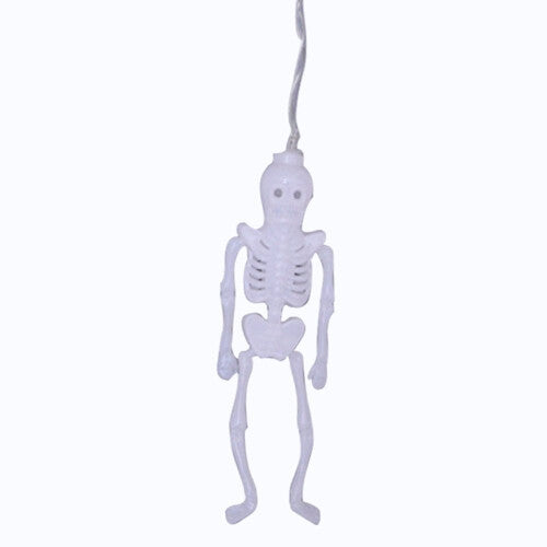 8ft multi-color skeleton string lights featuring 20 glowing red, green, blue, and orange skeleton bulbs hanging against a dark outdoor patio background.