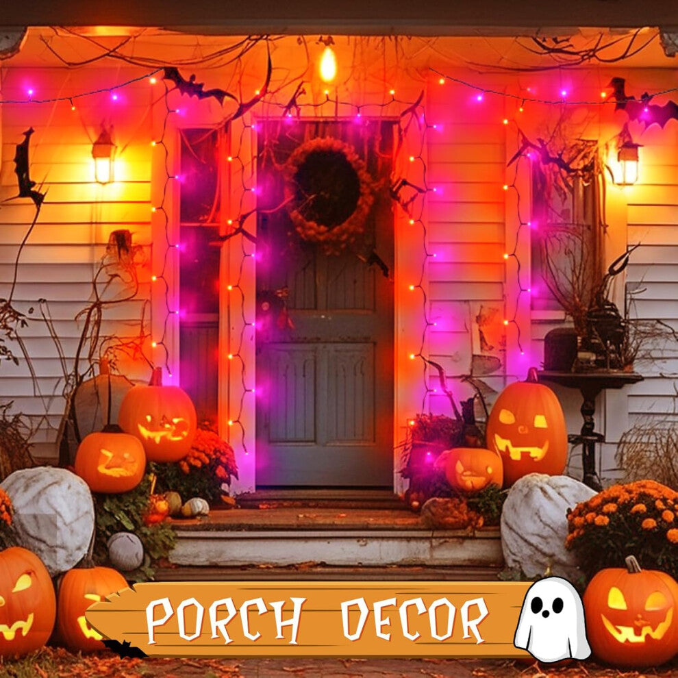 A 9.84ft string of 30 orange and purple LED Halloween fairy lights glowing brightly on an outdoor porch railing at night.