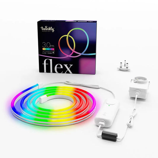 Flexible 3m Twinkly RGB LED flex light tube illuminated in multi-color neon gradients bent in a geometric wall display pattern.