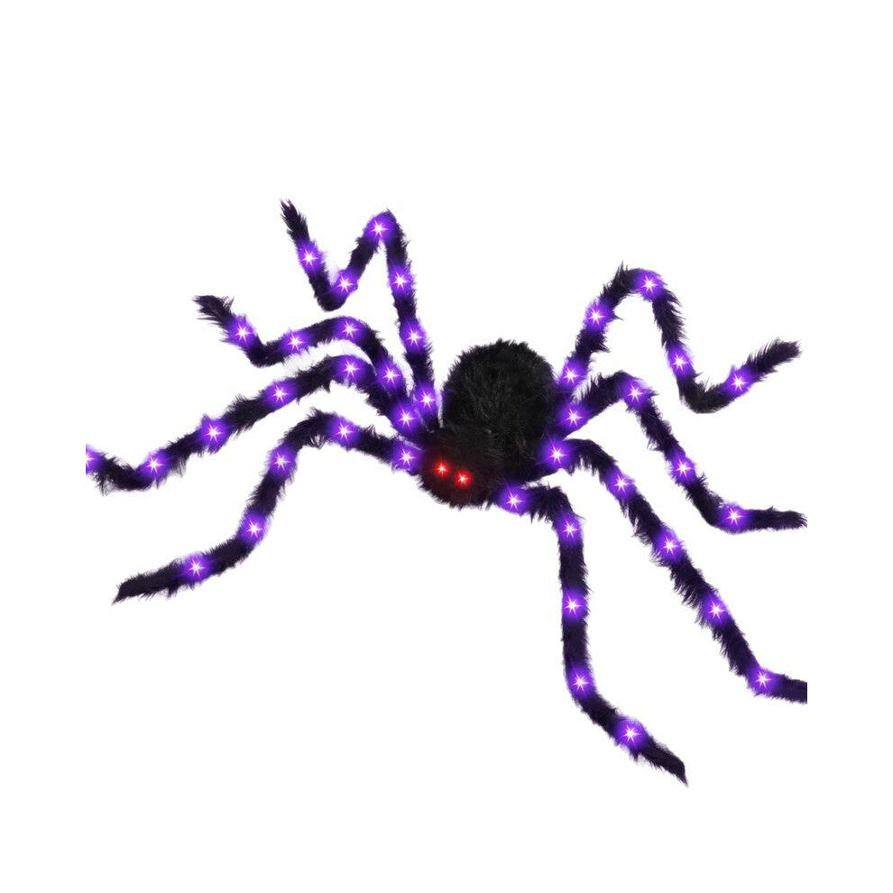 A 90cm black hairy Halloween spider decoration with glowing LED lights on its eyes and legs, positioned on a spooky web backdrop.