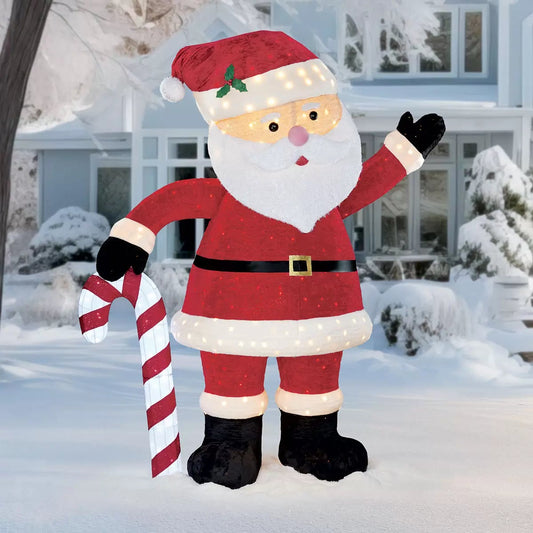 Towering 9ft pop-up Santa Claus figure with pre-attached LED lights illuminated on a front lawn at night.