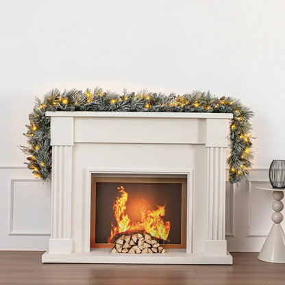 Close-up angle of a 9ft pre-lit flocked garland adorned with 150 glowing micro LED lights, pinecones, and frosted green needles draped across a rustic wooden mantel.