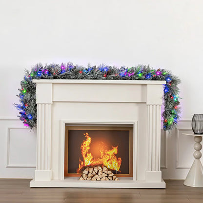 Close-up angle of a 9ft pre-lit flocked garland adorned with 150 glowing micro LED lights, pinecones, and frosted green needles draped across a rustic wooden mantel.