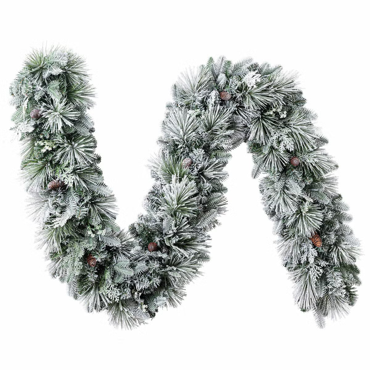 Close-up angle of a 9ft pre-lit flocked garland adorned with 150 glowing micro LED lights, pinecones, and frosted green needles draped across a rustic wooden mantel.