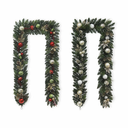 Close-up of a 9ft pre-lit artificial Christmas garland featuring 90 warm white glowing LED lights, realistic pine branches, pinecones, and red festive ornaments draped indoors.