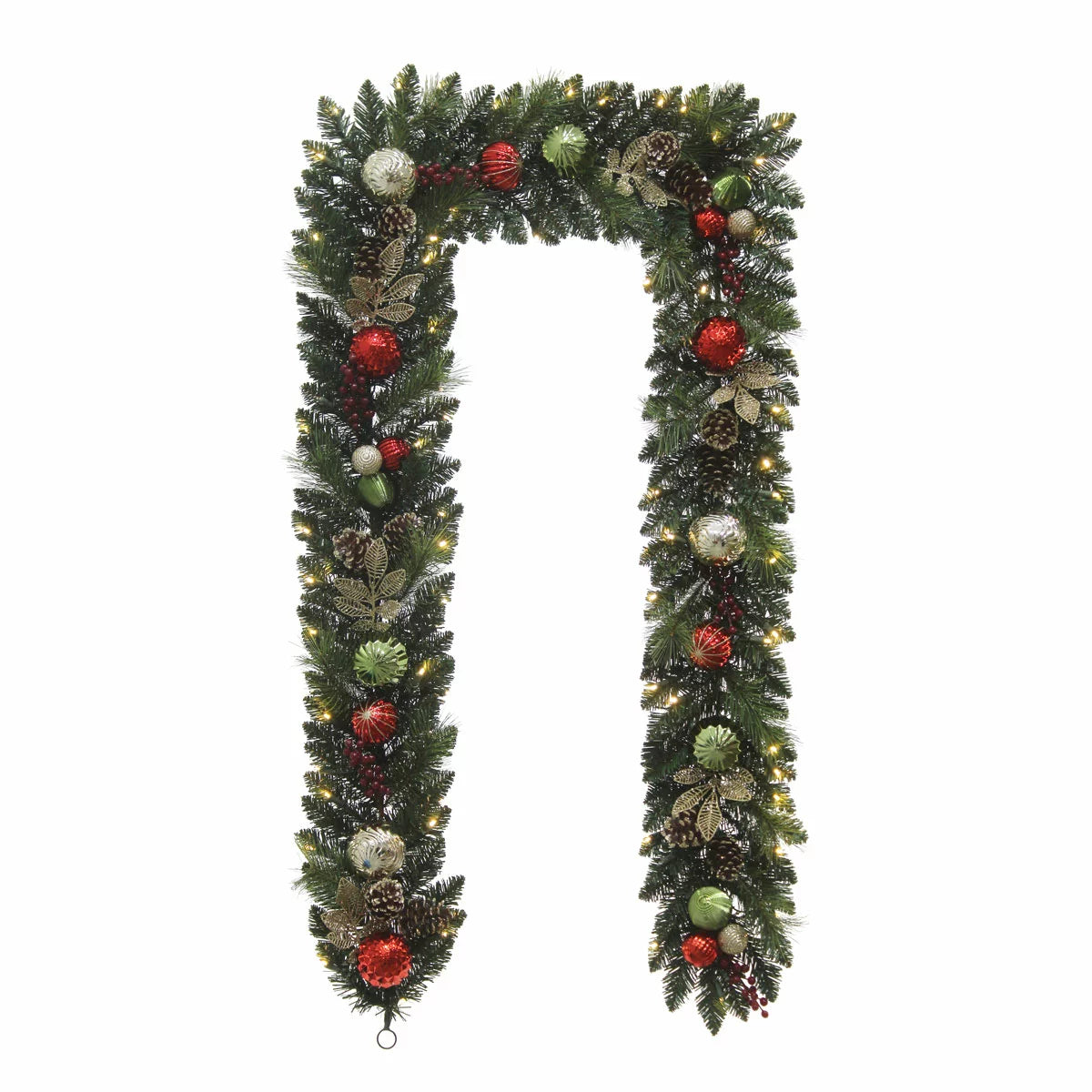 Close-up of a 9ft pre-lit artificial Christmas garland featuring 90 warm white glowing LED lights, realistic pine branches, pinecones, and red festive ornaments draped indoors.