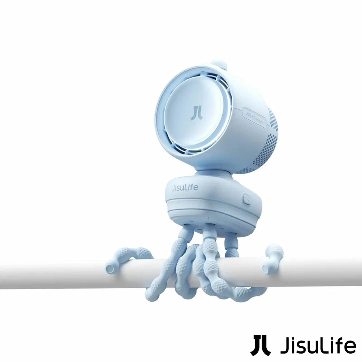Blue JisuLife Stroller Fan 3 attached to a stroller handlebar with silicone legs, showing the LED digital display and blue housing.