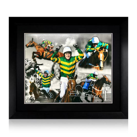 A professional wooden-framed montage featuring an AP McCoy signed action photograph, displayed against a neutral background.